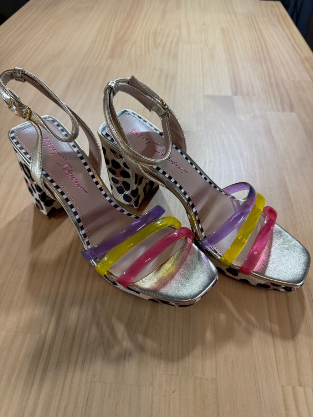 Metallic Gold Leopard Block Heel Sandals with Multicolor Straps B10